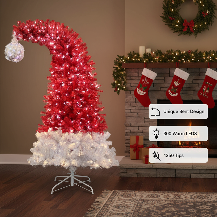 6FT Hinged Fir Artificial Fir Bent Top Christmas Tree, Xmas Tree Bendable Santa Hat Style Christmas Tree Holiday Decoration,1250 Lush Branch Tips, 300 LED Lights X-mas