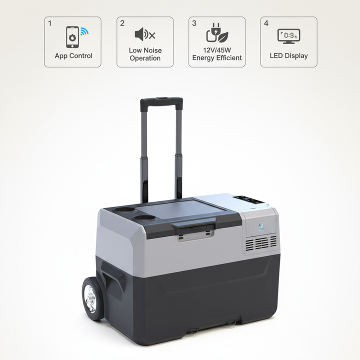 32Qt Car Freezer Portable Refrigerator Freezer with APP Control and 6'' off-road wheels, 12V,45W Cooler Freezer,Low Noice