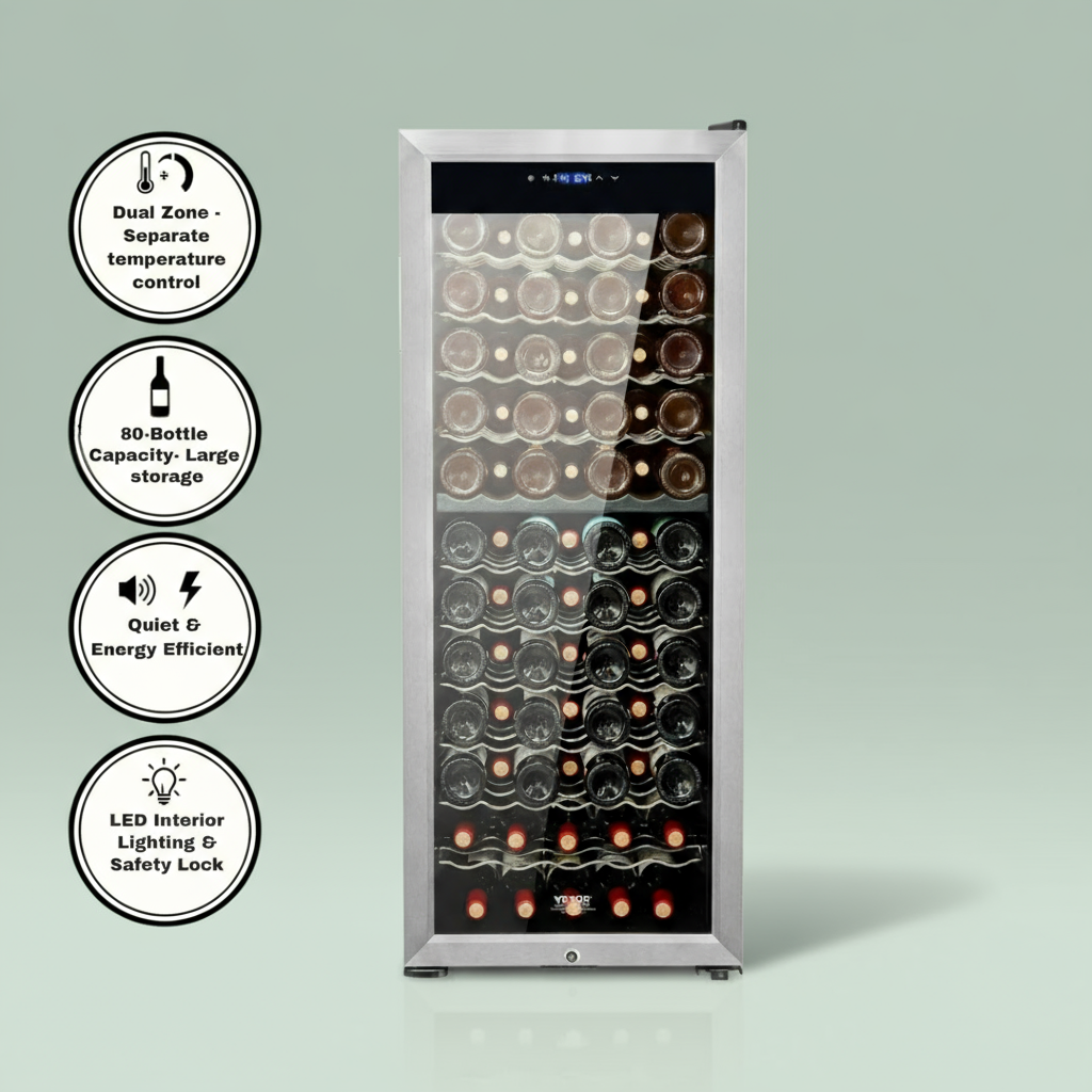 VEVOR 80-Bottle Wine Cooler Dual Zone Freestanding Refrigerator LED Light Lock