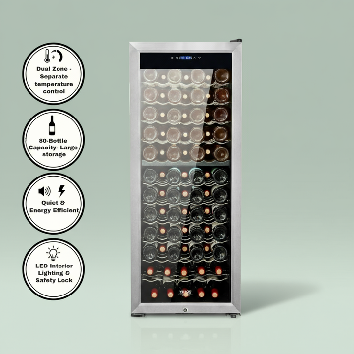 VEVOR 80-Bottle Wine Cooler Dual Zone Freestanding Refrigerator LED Light Lock