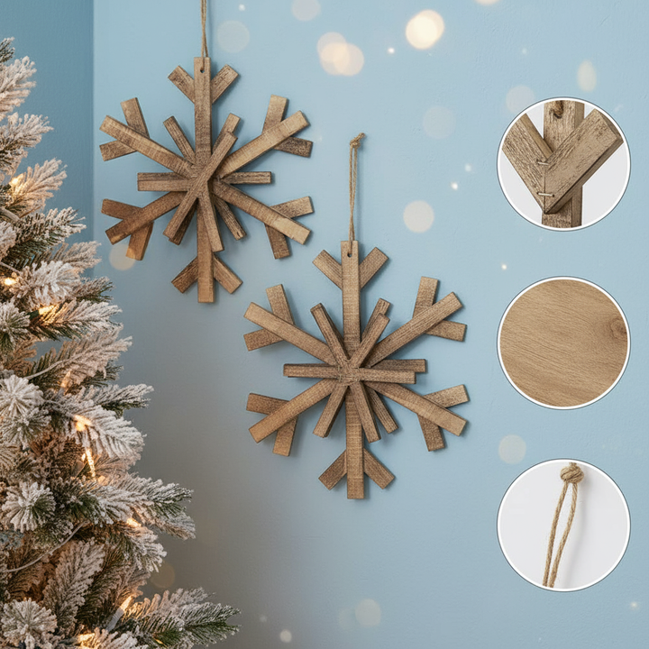 17.7" x 17.7" Large Fir Wood Snowflake Ornaments, Hanging Home Decor Accents for Christmas Tree, Wall Art, Holiday Display, Set of 2
