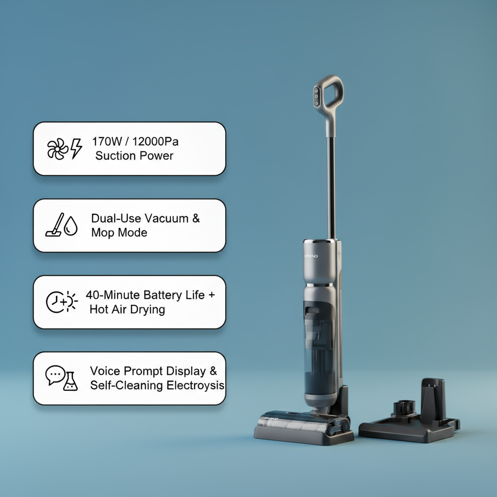 PSModel-P2Slim  Floor Cleaner Retains 99.92% of Pollutants Dual-Use Vacuum and Mop 170W/12000pa 2in1 Handheld Vacuum Battery Life 40 Minutes Voice Prompt + Display Hot Air Drying Electrolysis Self-Cl