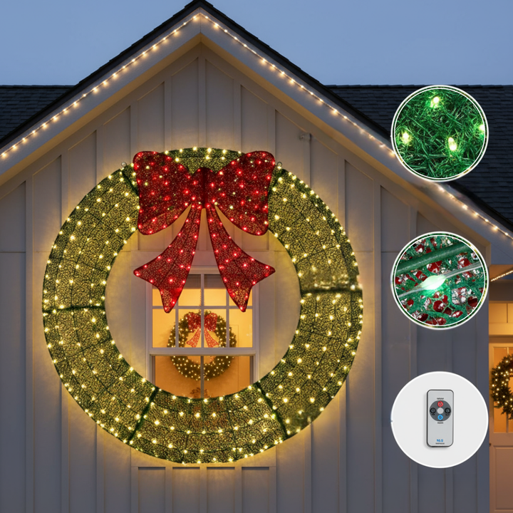 60Inch Christmas Wreath with 400 Warm White LED Lights, Remote Control Timer, Weather-Resistant Outdoor Holiday Decoration with Red Bow – Easy Assembly & Storage Festive Green Wreath