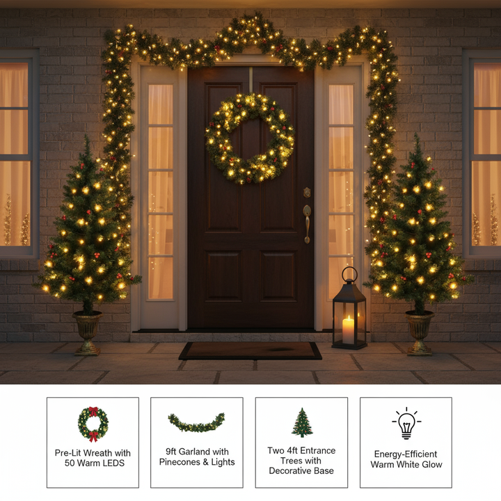 4 Pieces Christmas Decoration Set with Garland Wreath and Entrance Trees