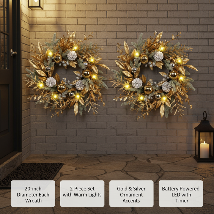 Christmas Wreath 20 Inch Christmas Door Decorations Wreath with Warm Lights 2PCS