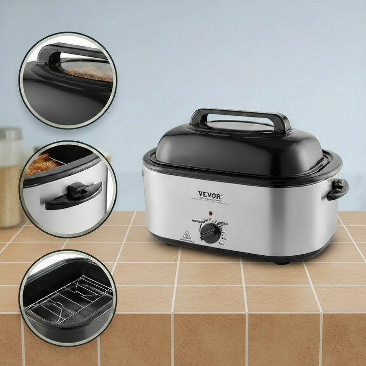 VEVOR Electric Roaster Oven, 24 QT Turkey Roaster Oven with Self-Basting Lid, 1450W Roaster Oven with Defrost & Warm Function, Adjustable Temp, Removable Pan & Rack, Fits Turkeys Up to 28LBS, Silver