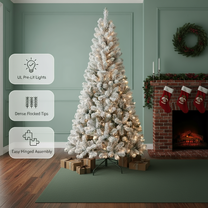 6ft PVC Round Head Flocking Tree Pre-lit Design Small Celebrate Festival Artificial Flocked Christmas Tree With UL Lights