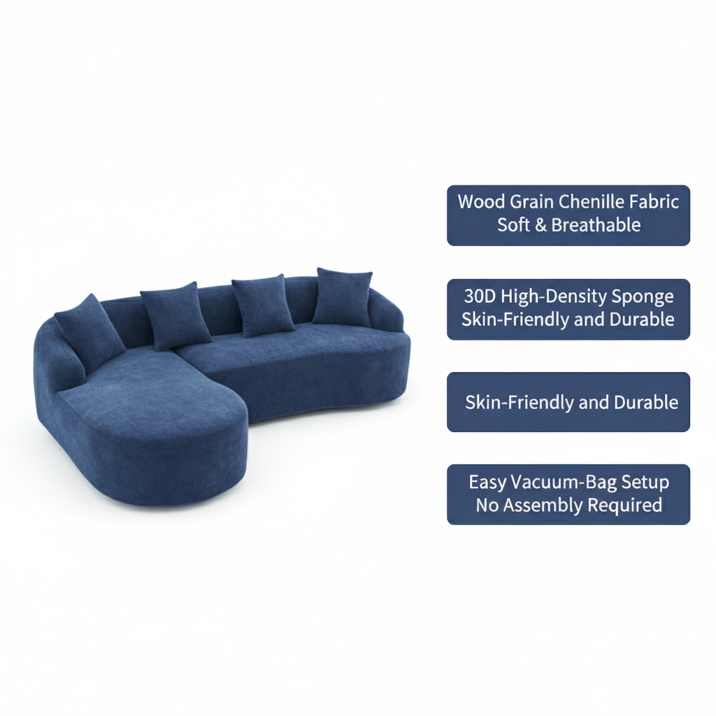 Compression Sponge L-Shape Sectional Sofa with Curved Chaise, Blue Modular Chenille Couch No Assembly Required, 30D High-Density for Living Room Bedroom Apartment Lounge.