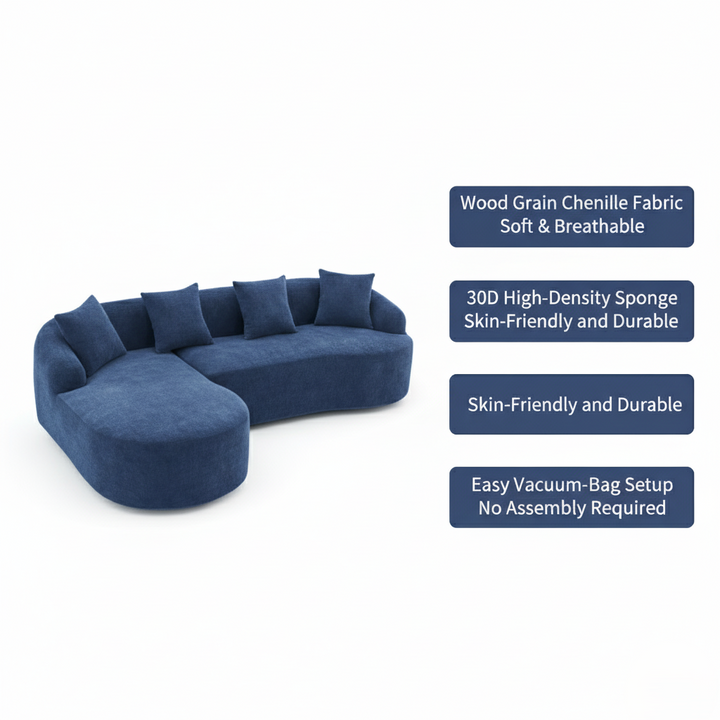 Compression Sponge L-Shape Sectional Sofa with Curved Chaise, Blue Modular Chenille Couch No Assembly Required, 30D High-Density for Living Room Bedroom Apartment Lounge.