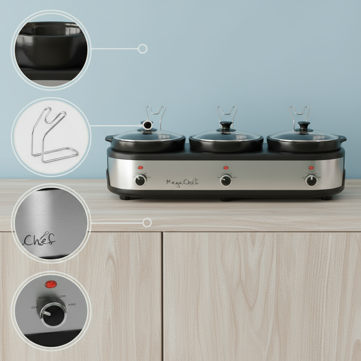 MegaChef Triple 2.5 Quart Slow Cooker and Buffet Server in Brushed Silver and Black Finish with 3 Ceramic Cooking Pots and Removable Lid Rests