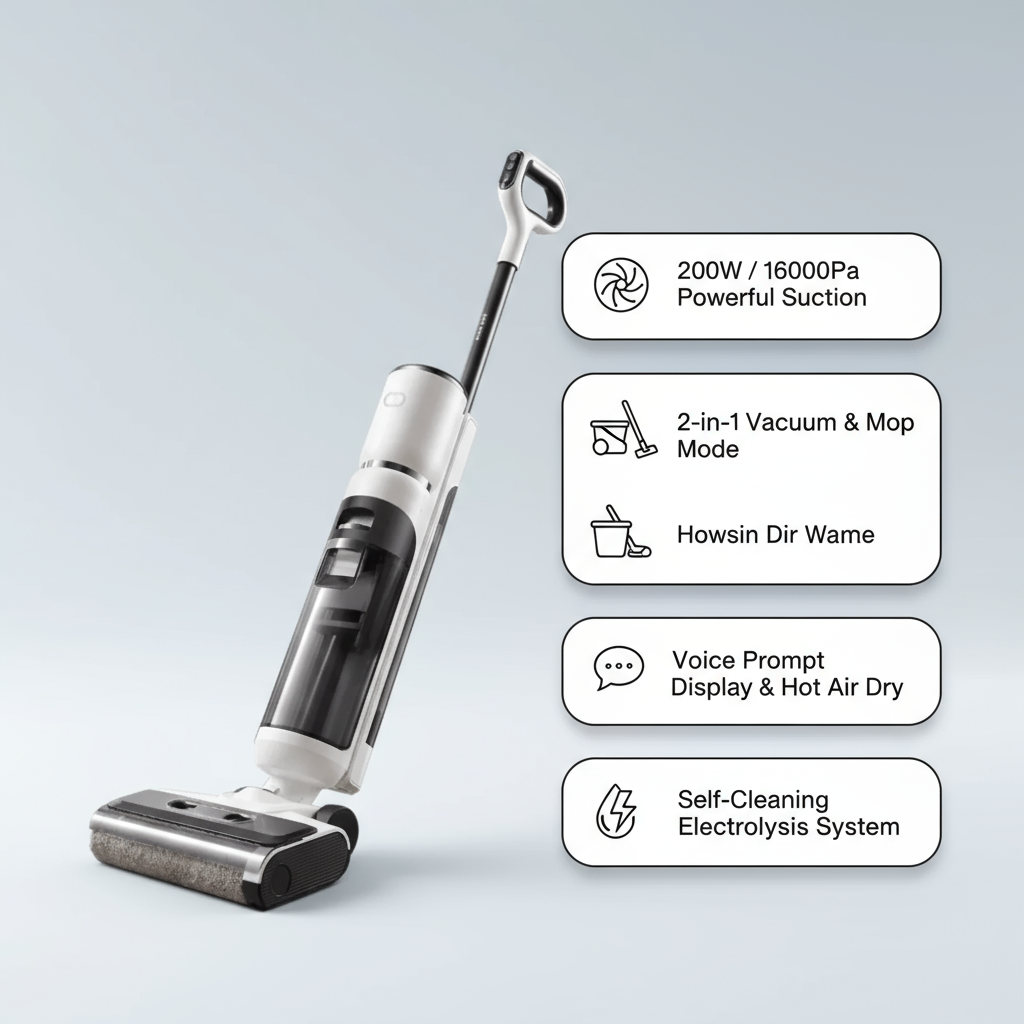 PSModel-A Floor Cleaning Vacuum Retention Rate of Contaminants 99.92% 200W/16000pa 2in1 Portable Vacuum Cleaner Battery Life 40 Minutes Voice Prompt + Display, Hot Air Drying Electrolysis Self-Clean