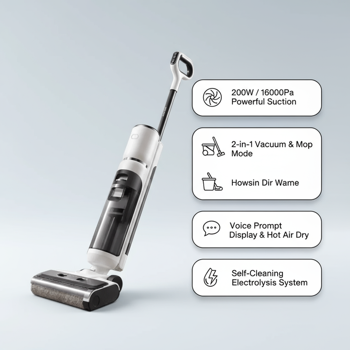 PSModel-A Floor Cleaning Vacuum Retention Rate of Contaminants 99.92% 200W/16000pa 2in1 Portable Vacuum Cleaner Battery Life 40 Minutes Voice Prompt + Display, Hot Air Drying Electrolysis Self-Clean