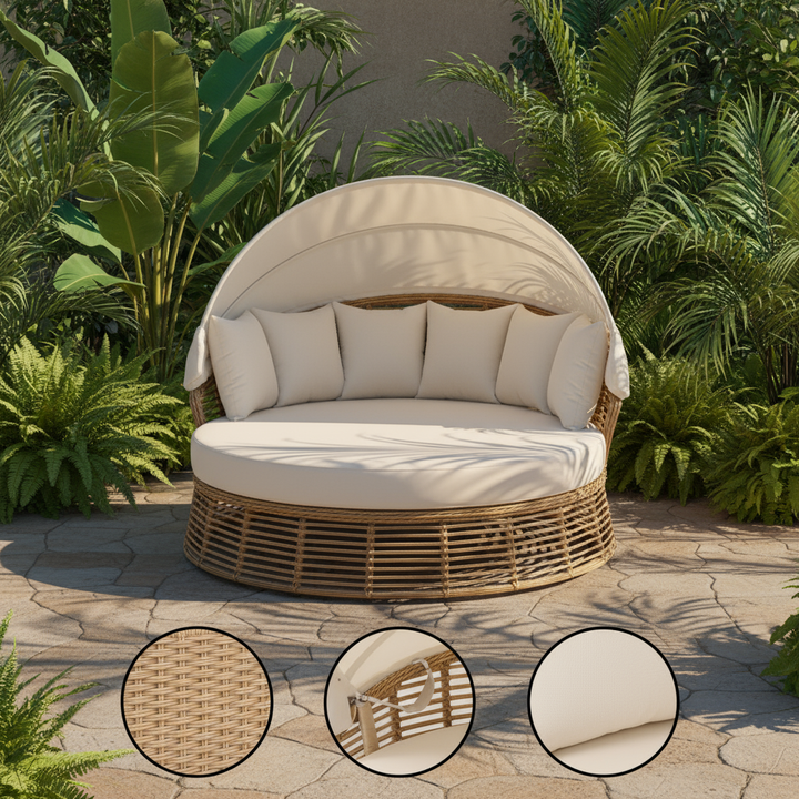 Outdoor Round Daybed with Retractable Canopy & Removable Cushions – Wicker Patio Sofa | Trufairs