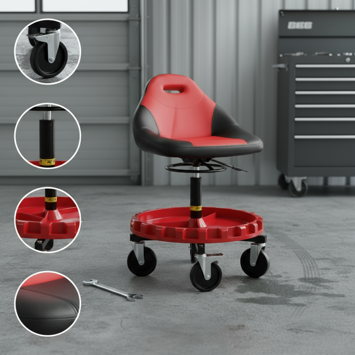 Rolling Garage Stool 300LBS Capacity 21"-26" Adjustable Height Range Mechanic Seat with Swivel Casters and Tool Tray