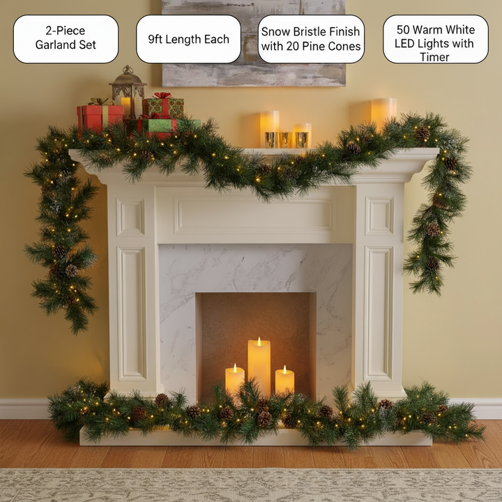 2 Set of 9 ft Cashmere and Snow Bristle Garland with 20 Pine Cones and with 50 Warm White LED Lights with Timer Battery Operated-Outdoor,160 Tips