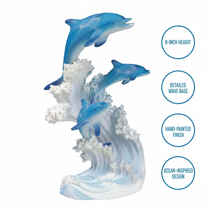 8"H Dolphins Swimming in The Waves Figurine – Premium Resin Dolphin Statue, Beautiful Marine Theme Collectible | Coastal Home Decor Gift | Trufairs