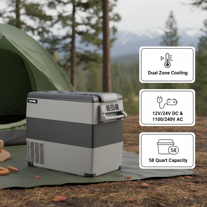 VEVOR 12 Volt Refrigerator, 58 Quart Car Refrigerator, Dual Zone Portable Refrigerator,RV Refrigerator with 12/24V DC and 110-240V AC, Freezer Fridge Cooler, for Car, RV, Camping and Home Use
