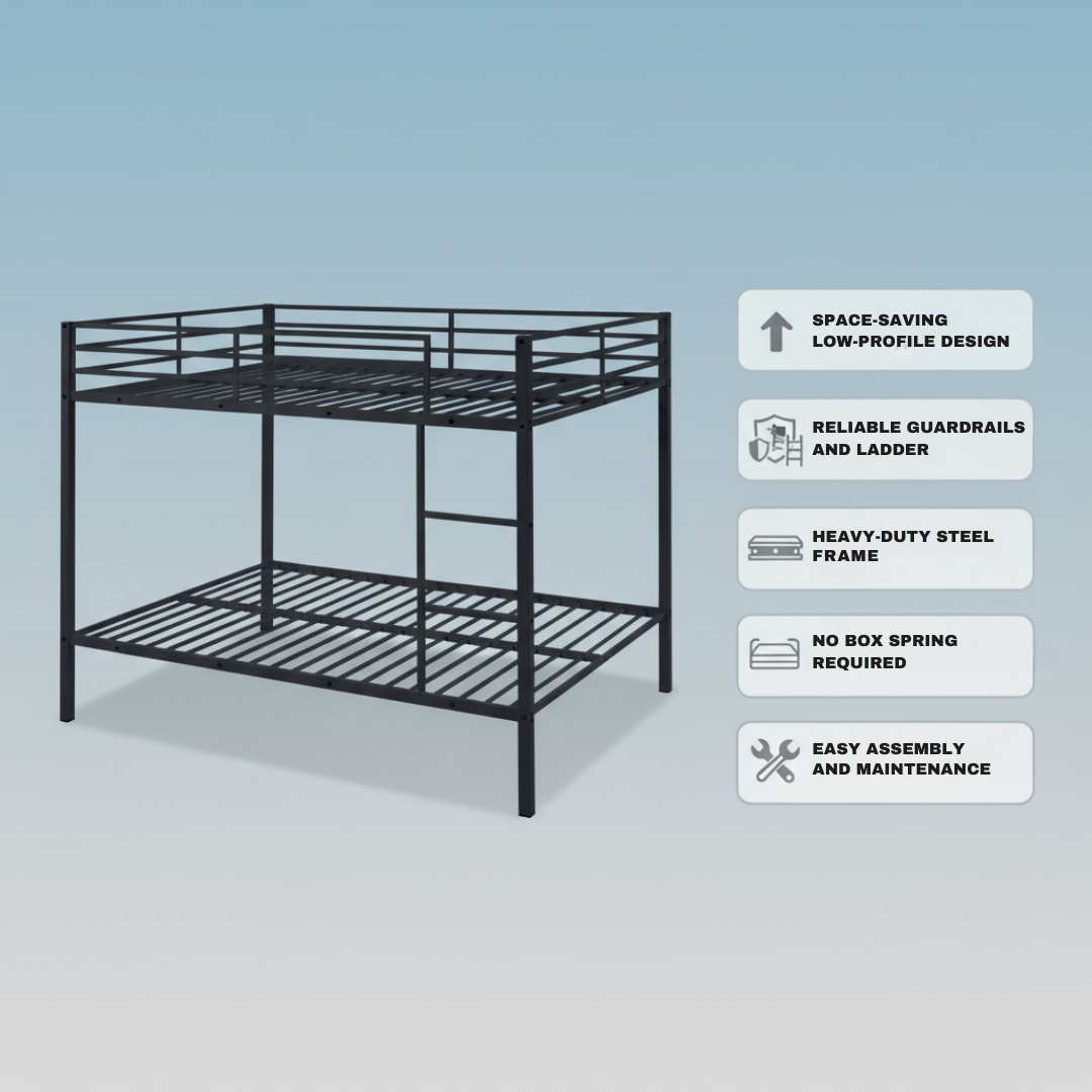 Full Over Full Bunk Bed – Heavy Duty Metal Frame with Safety Guard Rail & Ladder | Low Metal Bunk Bed Frame for Kids, No Boxspring Required, For Small Spaces, Black | Trufairs