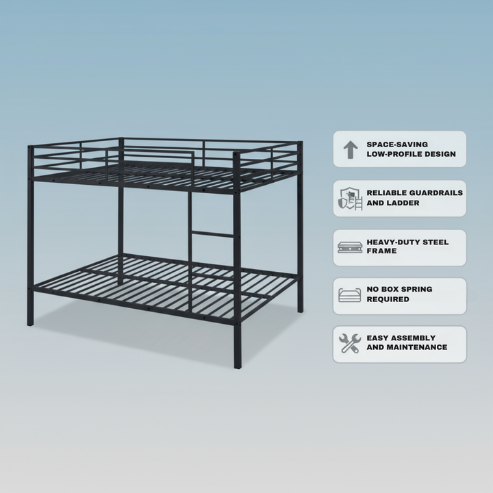 Full Over Full Bunk Bed – Heavy Duty Metal Frame with Safety Guard Rail & Ladder | Low Metal Bunk Bed Frame for Kids, No Boxspring Required, For Small Spaces, Black | Trufairs