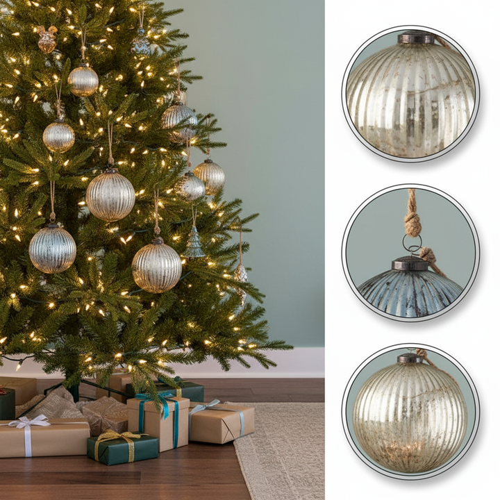 6" Silver Glass Christmas Ornaments – Mercury Glass Decorative Hanging Balls (Set of 4) | Trufairs