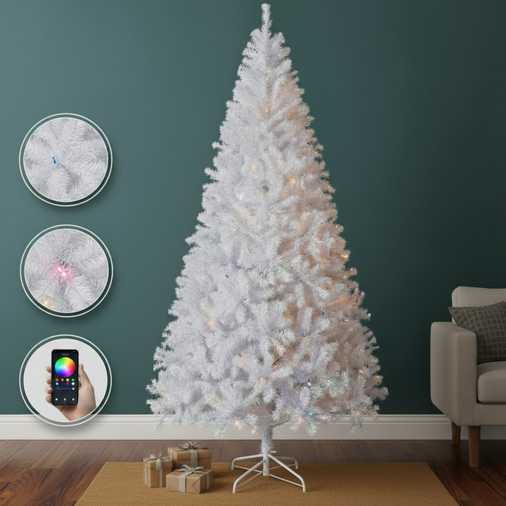 8 FT Pre-lit Artificial Christmas Tree, APP Controlled Xmas Tree Hinged Branches with 500 RGB Lights and 1500 Branch Tips, for Holiday Party Store Office Home, White