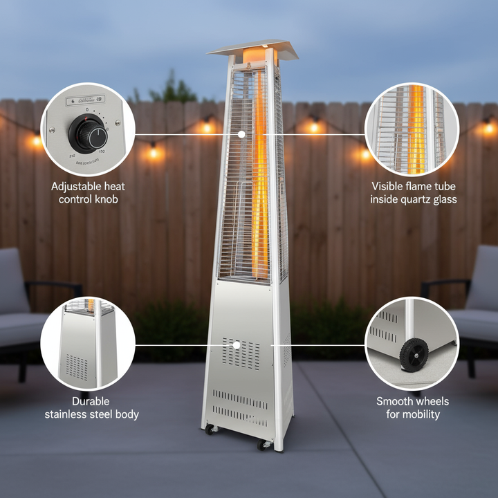 42; 000 BTU Stainless Steel Pyramid Patio Heater With Wheels