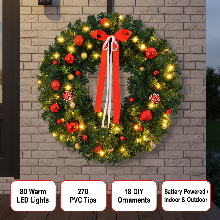 36in Pre-lit Battery Powered Christmas Wreath, Lighted Artificial Xmas Wreath with 80 Warm Lights and 270 PVC Tips and 18 DIY Ornaments, for Front Door Gate Wall Xmas Party Decorations