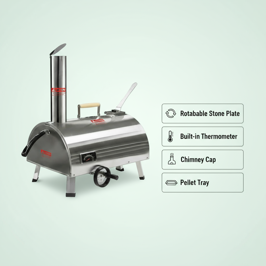 Silver Pizza Oven Outdoor 12" Semi-Automatic Rotatable Pizza Ovens Portable Stainless Steel Wood Fired Pizza Oven Pizza Maker with Built-in Thermometer Pizza Cutter Carry Bag