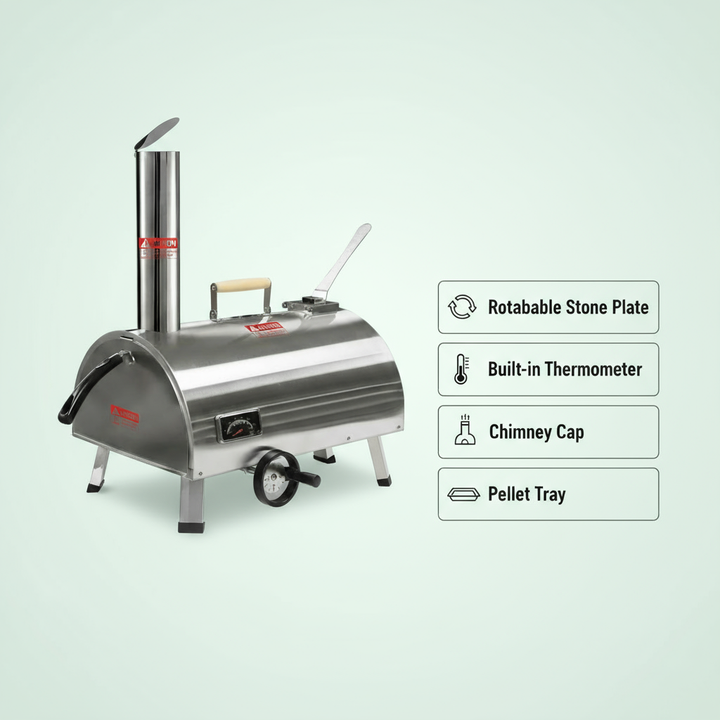 Silver Pizza Oven Outdoor 12" Semi-Automatic Rotatable Pizza Ovens Portable Stainless Steel Wood Fired Pizza Oven Pizza Maker with Built-in Thermometer Pizza Cutter Carry Bag