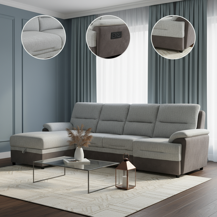 Multi-Functional Brown & Beige Sectional Sleeper with Power Recliner & Storage - 4-Seat Left-Facing Sofa