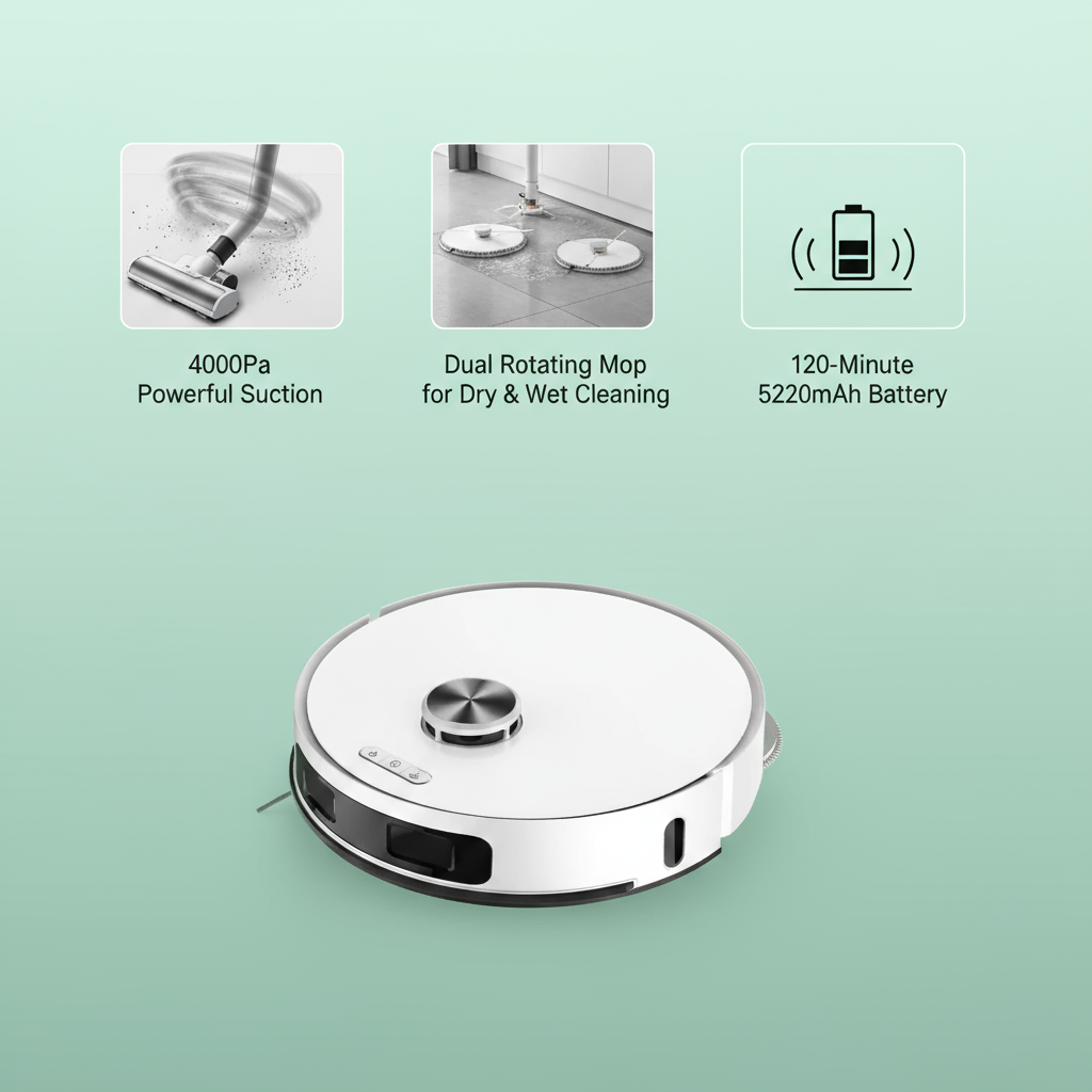 PSS9W  Dual-line Laser Navigation Vacuum Cleaner Double rotating mop Dry and Wet Cyclonic Vacuum Cleaner Battery life 120min Power 64W 5200mAh 4000pa powerful suction BLDC55 Dustbin capacity 230ml, s