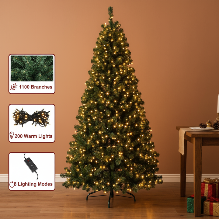 7ft 1100 Branches PVC Material DIY 200 Lights Warm Color 8 Modes Christmas Tree Green