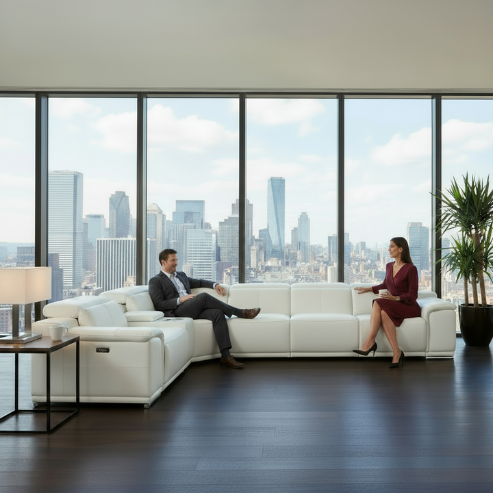 White Italian Leather Power Reclining U Shaped Seven Piece Corner Sectional With Console