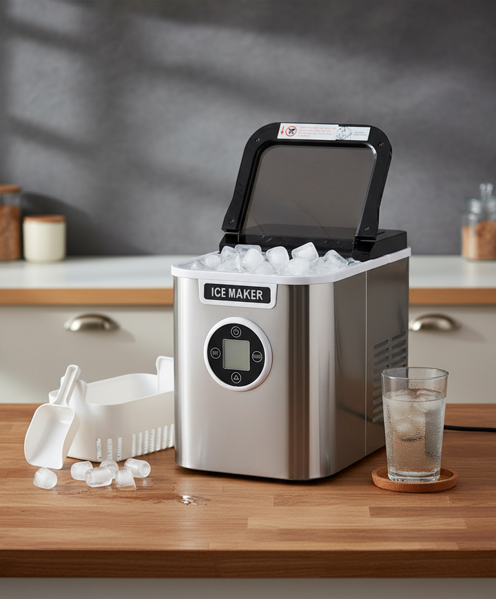 Countertop Ice Maker with 9 Bullet Ice in 7 Mins, Portable Ice Machine with Ice Scoop and Basket , 26.5lbs/24H, Self-Cleaning,Stainless,for Home Office Bar Party