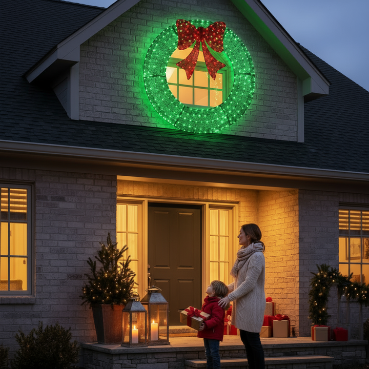 60Inch Christmas Wreath with 400 Warm White LED Lights, Remote Control Timer, Weather-Resistant Outdoor Holiday Decoration with Red Bow – Easy Assembly & Storage Festive Green Wreath