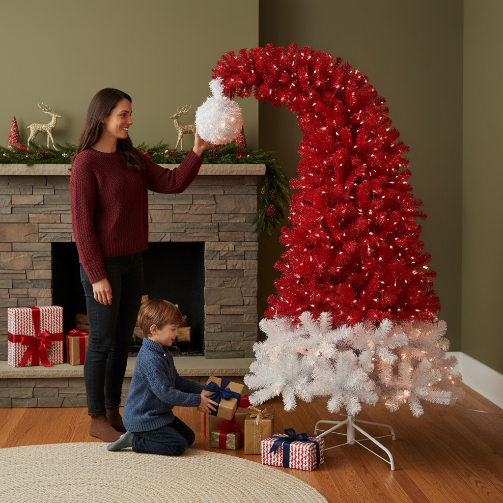 6FT Hinged Fir Artificial Fir Bent Top Christmas Tree, Xmas Tree Bendable Santa Hat Style Christmas Tree Holiday Decoration,1250 Lush Branch Tips, 300 LED Lights X-mas