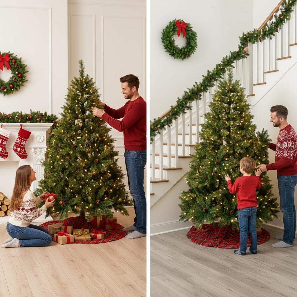 6FT Grass Green Christmas Tree, Large Branches Pine Tree, Pre-Lit Set with Tree & Garland & Wreath, Artificial Christmas with Pine Cones, Hinged Xmas Tree , for Holiday Party Ofiice Home