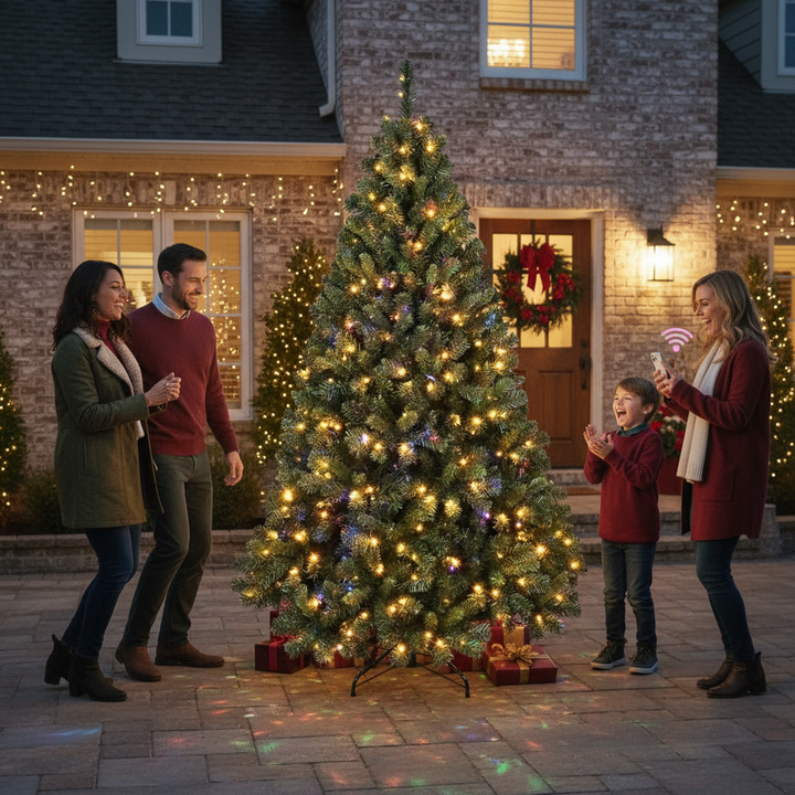 7FT PVC Christmas Tree with 380 WiFi Music Sync LED Lights – App Control, 1339 Tips, Hinged Branches, Dual-Color Effects, Metal Stand