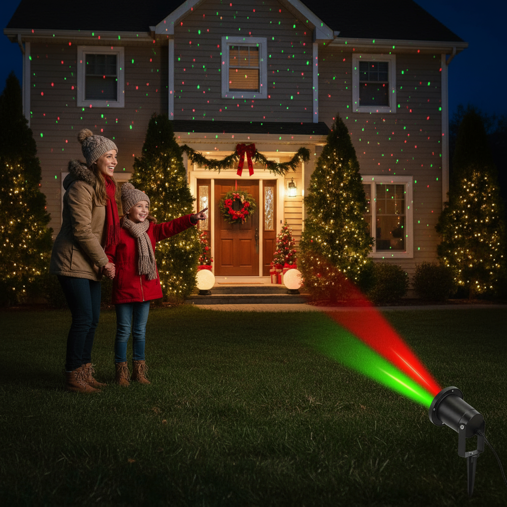 Outdoor Laser Projector Light Red and Green Projection Light with 3 Modes 12 Speeds 6Hrs Timer IP44 Waterproof Firefly Landscape Light for Christmas Halloween Holiday New Year GPCT5317
