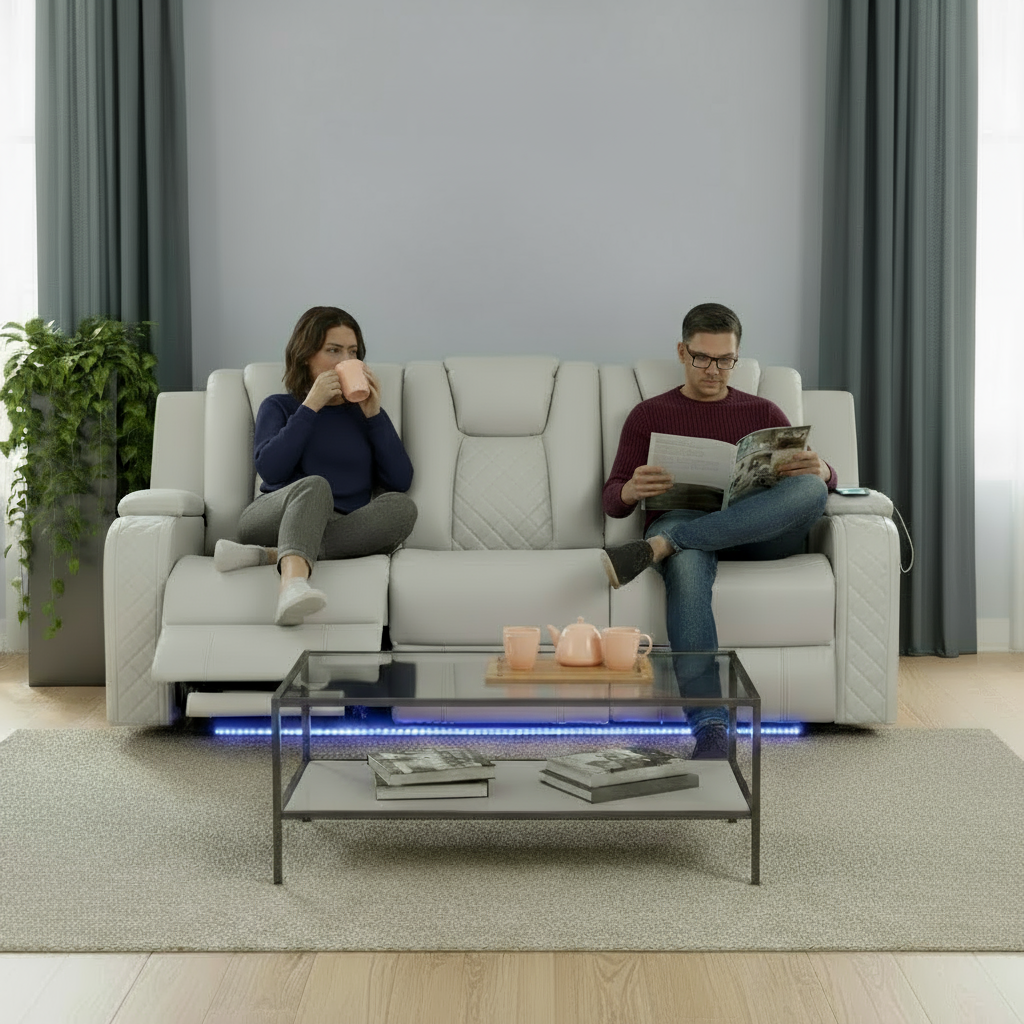 Benz LED Power Reclining Sofa – Faux Leather Electric Recliner with USB & LED | Trufairs