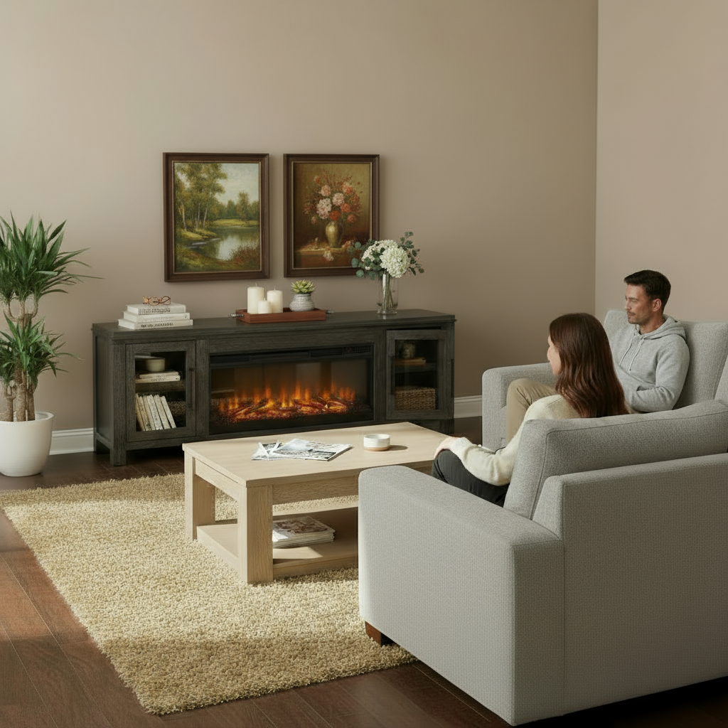 Bridgevine Home Tybee 86 inch Electric Fireplace TV Console for TVs up to 95 inches, Minimal Assembly, Clove finish