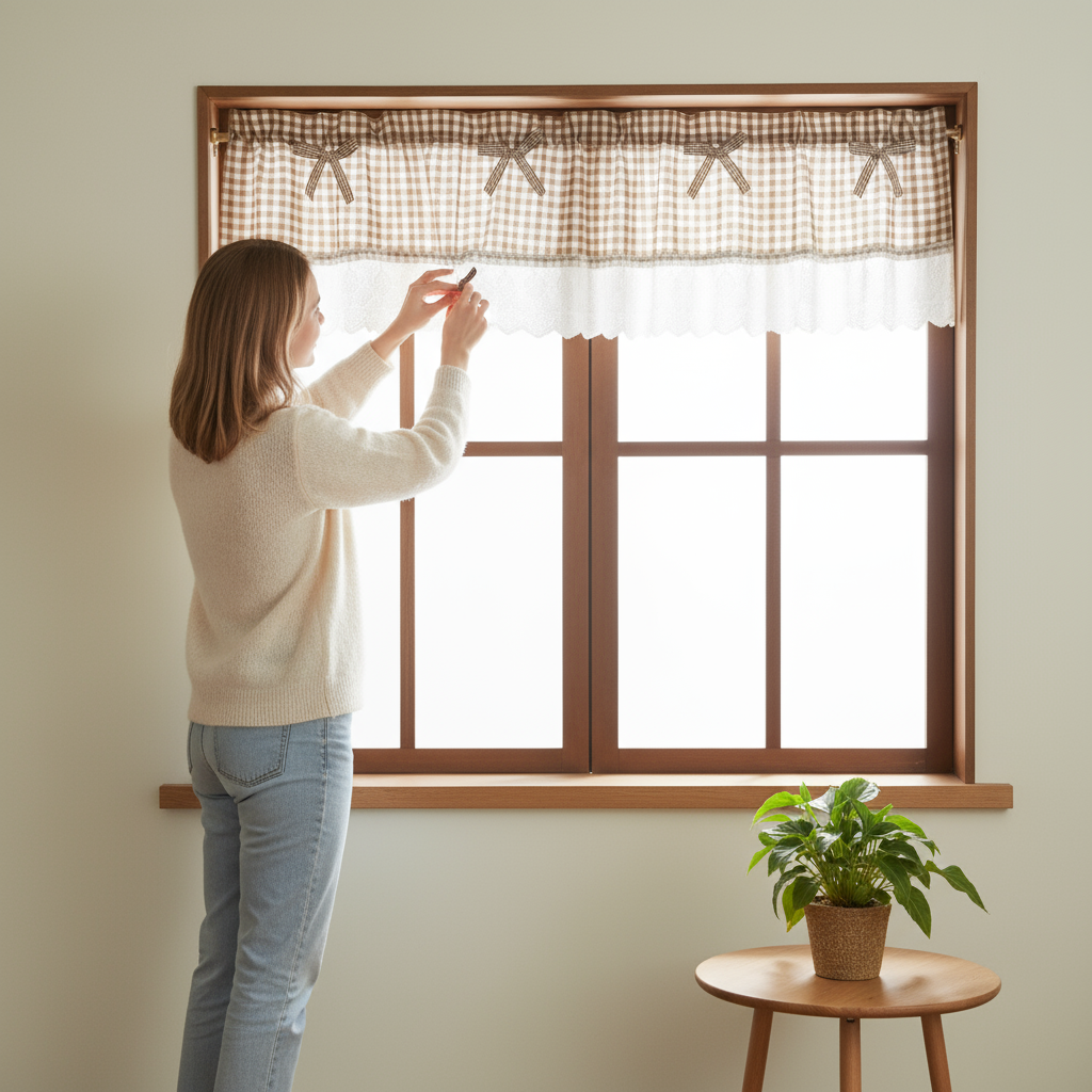 Beige Grid Lace Half Curtain – 59×15″ Kitchen Partition & Window Valance | Trufairs