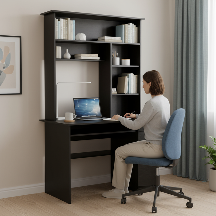 43" Black Computer Desk With Hutch