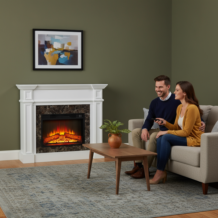 Electric Fireplace with Mantel, Fireplace Mantel, Fireplace Heater Freestanding, Realistic Stacked Stone Surround with Remote Control Timer LED Flame, White, 45.66"W*11.8"D*40"H
