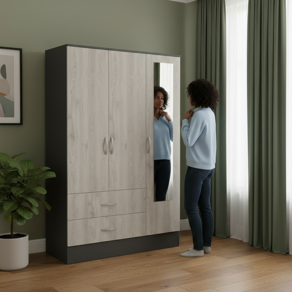 Black Rock 2-Drawer Mirrored Armoire – Compact Wardrobe with Hanging & Drawers | Trufairs