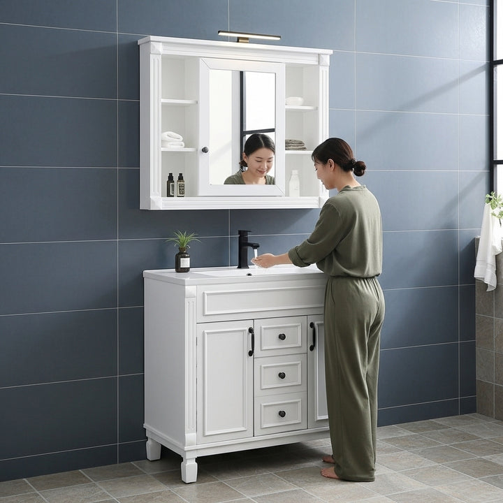 36'' Bathroom Vanity with Top Sink, Royal Blue Mirror Cabinet, Modern Bathroom Storage Cabinet with 2 Soft Closing Doors and 2 Drawers, Single Sink Bathroom Vanity