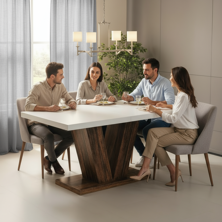 47-Inch Dining Table for 4, White Kitchen Dinner Table with Heavy Duty Pedestal, Farmhouse Wooden Eating Table