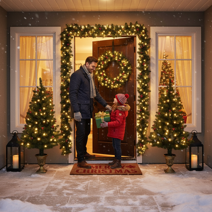 4 Pieces Christmas Decoration Set with Garland Wreath and Entrance Trees
