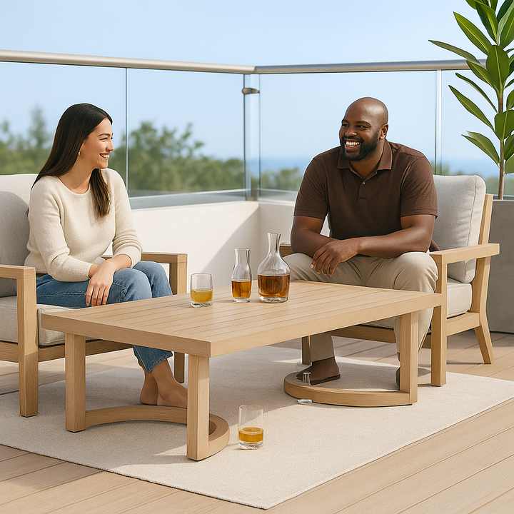 Modern Faux Wood Coffee Table – Brown Aluminum Versatility | Outdoor/Indoor Accent Table | Trufairs