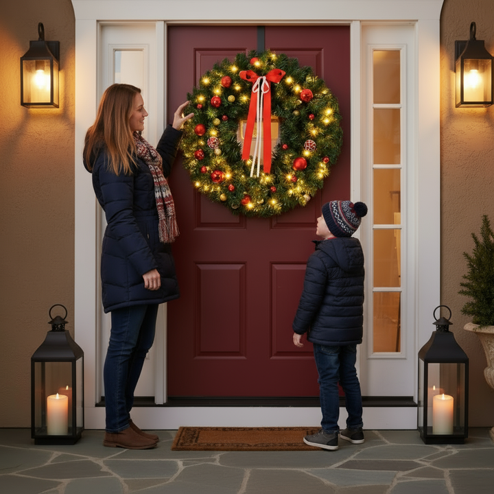 36in Pre-lit Battery Powered Christmas Wreath, Lighted Artificial Xmas Wreath with 80 Warm Lights and 270 PVC Tips and 18 DIY Ornaments, for Front Door Gate Wall Xmas Party Decorations